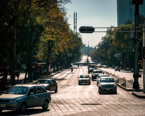 A busy intersection in a large Mexican city