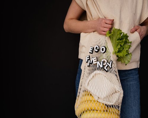Person carrying groceries evenly in a reusable bag